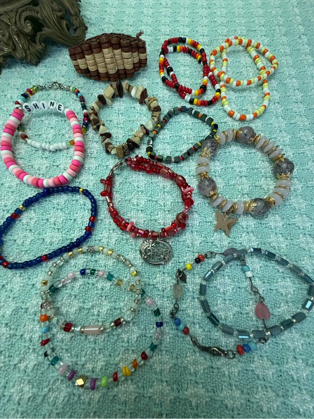 16 Piece Multicolor Beaded Bracelets Glass Wood Crystal Seed Bead Charms